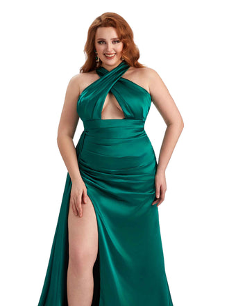 Robe de demoiselle d'honneur longue en Satin doux col licou fente sexy grande taille pour mariage