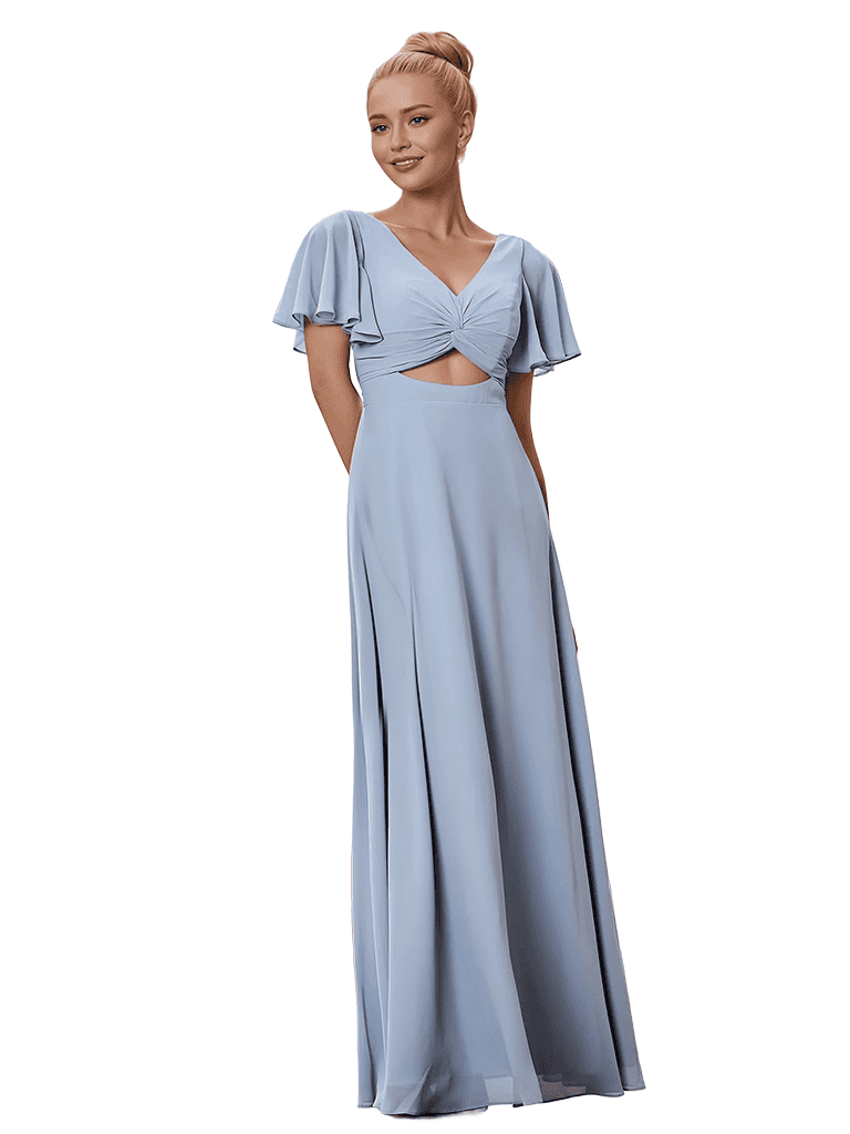 Robe longue en mousseline à manches courtes et col en V