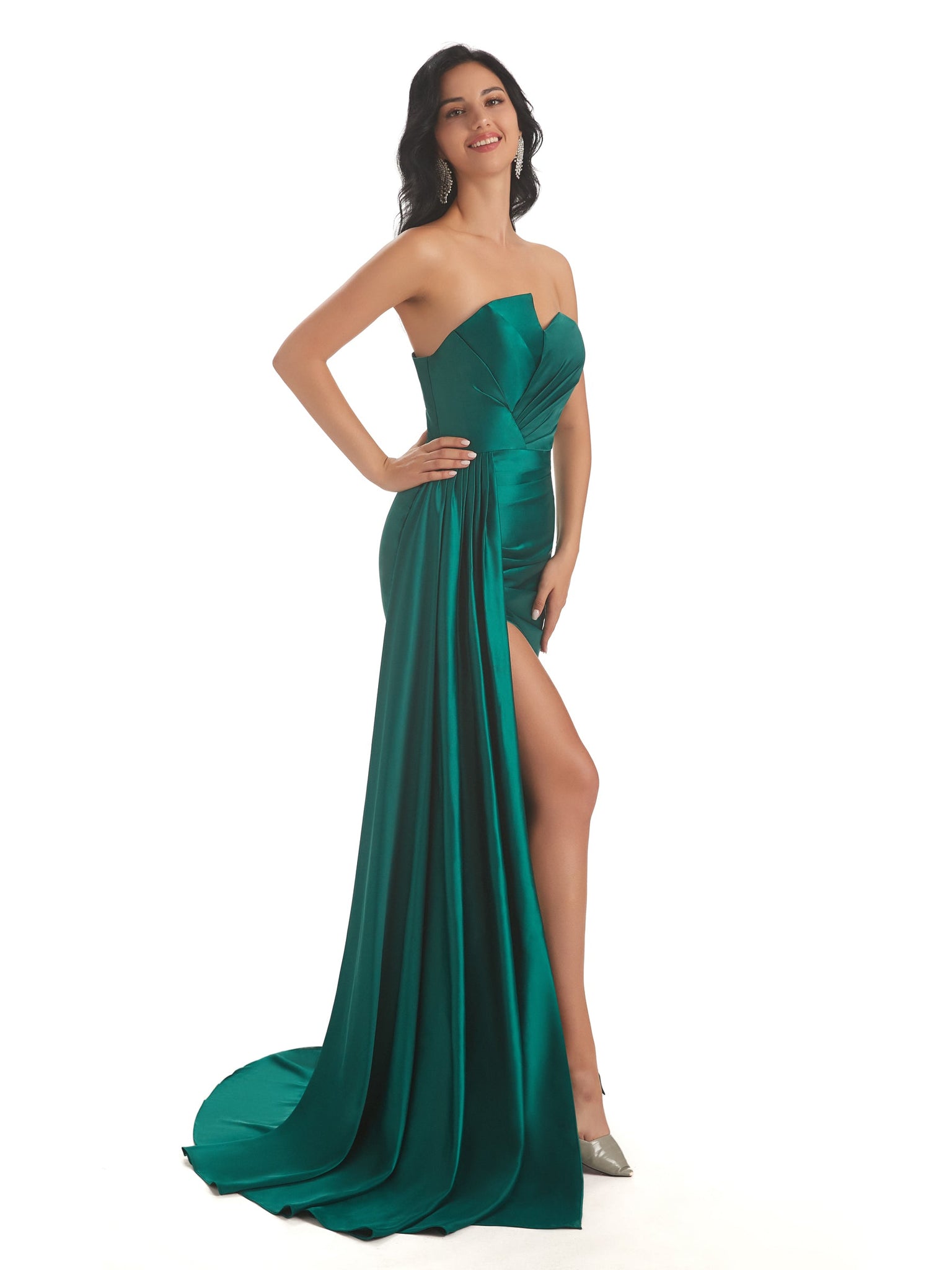 asymétrique robe ceremonie sirène satin fente longueur au sol maxi fendue