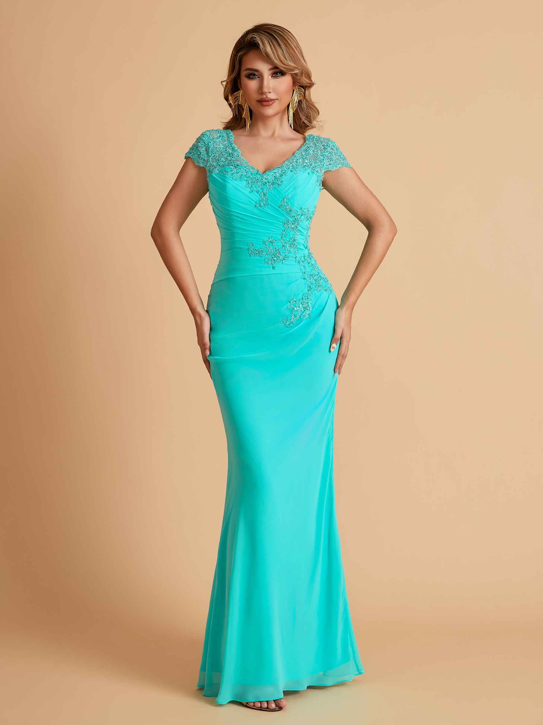Robe de mère de la mariée col en V élégante en mousseline manches courtes