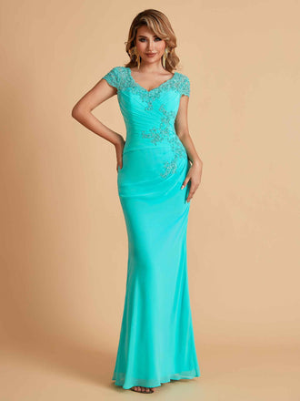 Robe de mère de la mariée col en V élégante en mousseline manches courtes