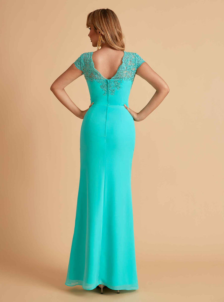 Robe de mère de la mariée col en V élégante en mousseline manches courtes
