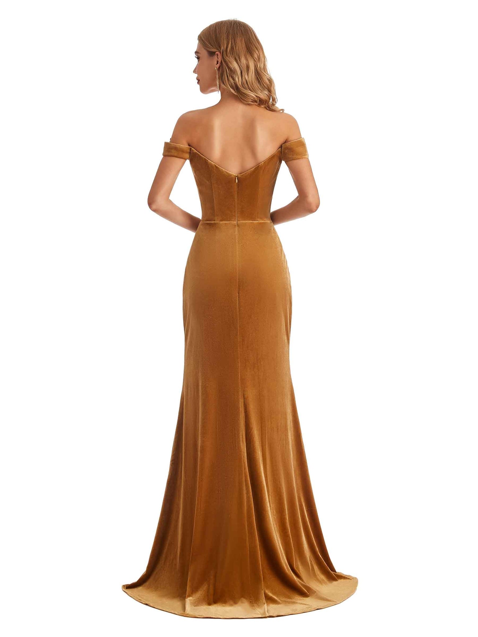 Robe de demoiselle d'honneur longue velours élégante sirène épaules dénudées fente latérale