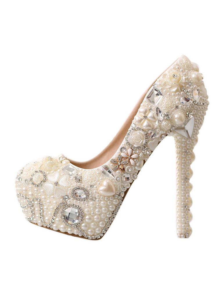 Womens Platform Pearl Rhinestone Wedding Shoes High Heel Party Evening  Bridal Crystal Shoes