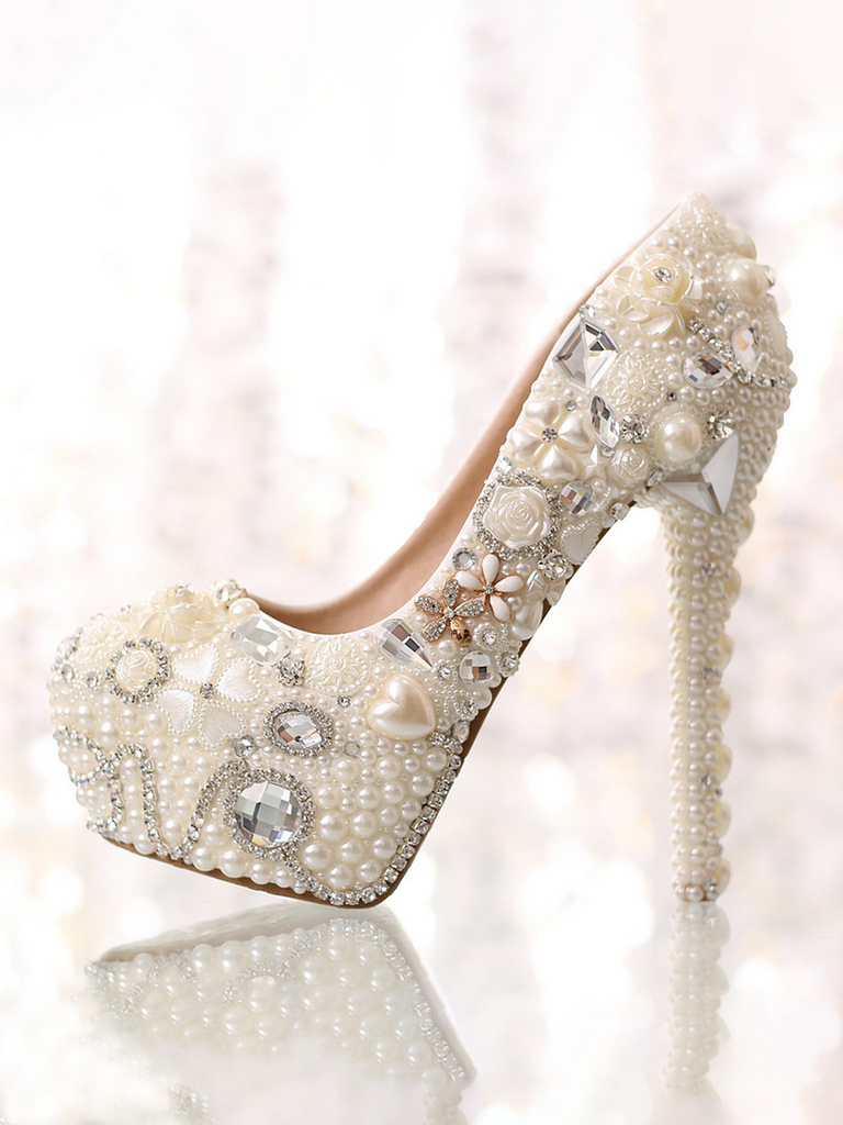 Womens Platform Pearl Rhinestone Wedding Shoes High Heel Party Evening  Bridal Crystal Shoes