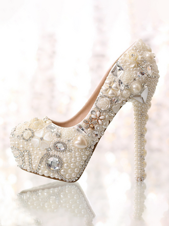 Womens Platform Pearl Rhinestone Wedding Shoes High Heel Party Evening  Bridal Crystal Shoes