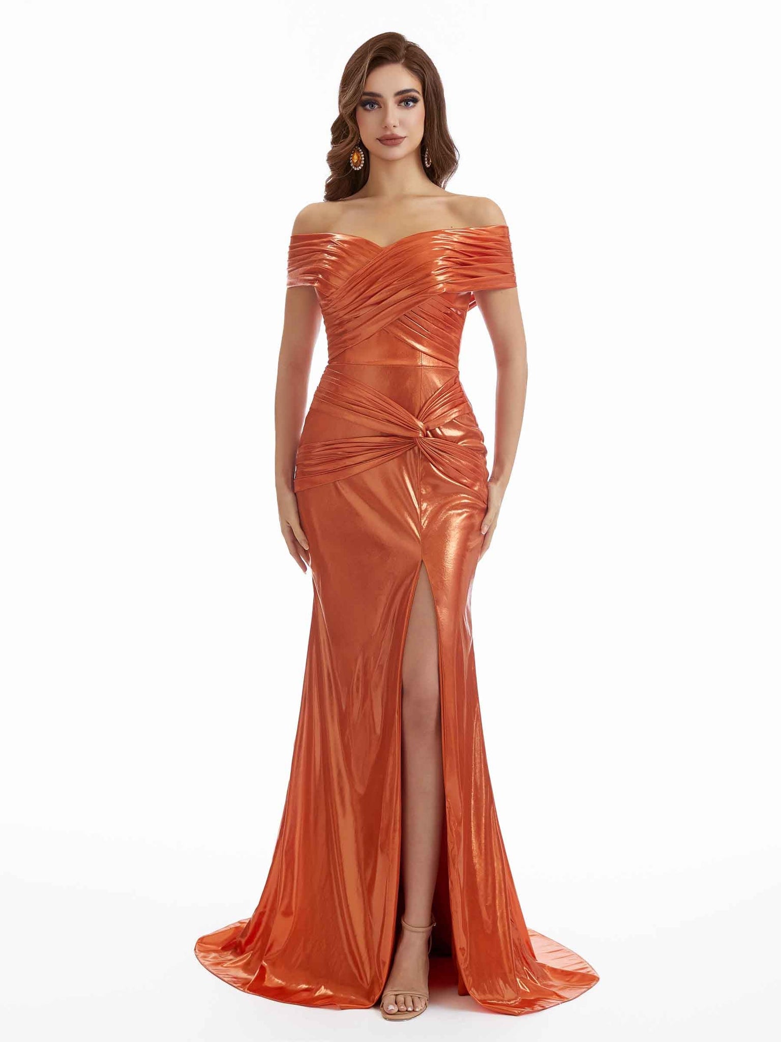 Robe longue plissée métallique sexy à épaules dénudées fente latérale