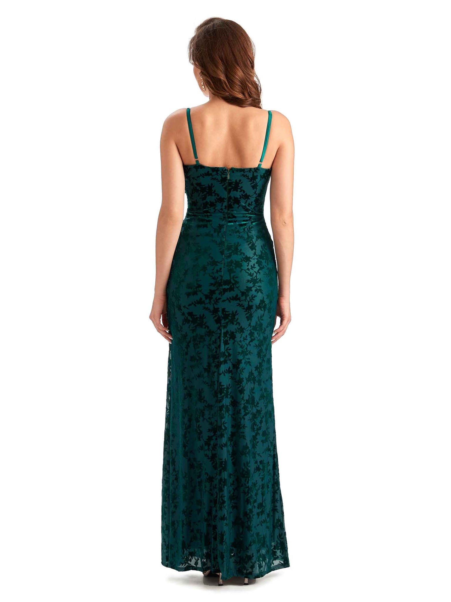Robes de demoiselle d'honneur formelles longues velours floral  bretelles spaghetti