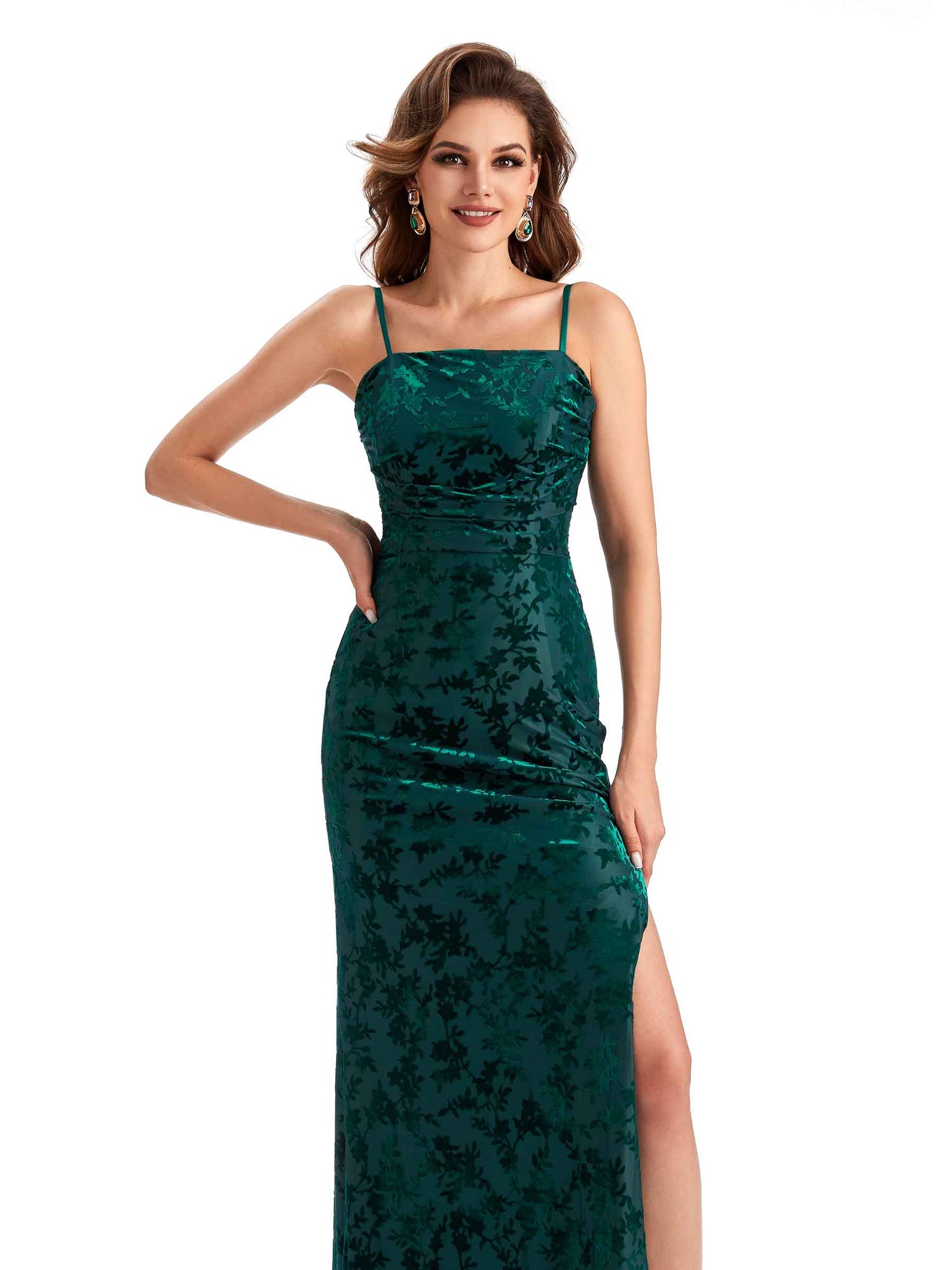Robes de demoiselle d'honneur formelles longues velours floral  bretelles spaghetti