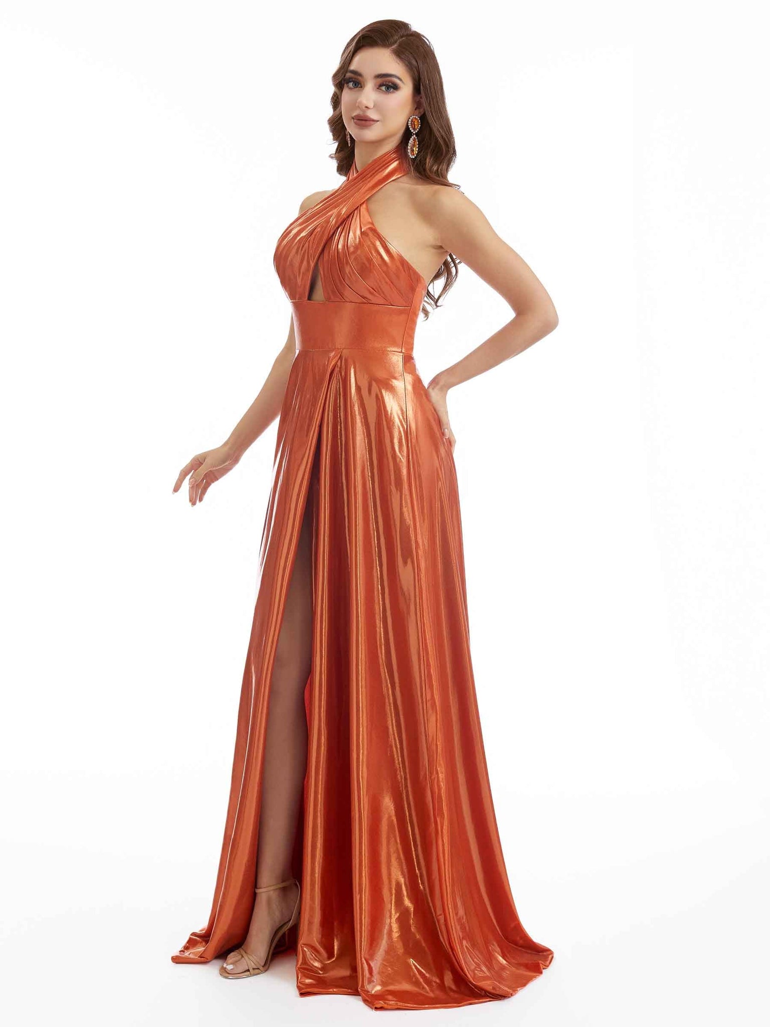 Robe longue sexy sirène à col licou stretch métallique brillant pour femmes