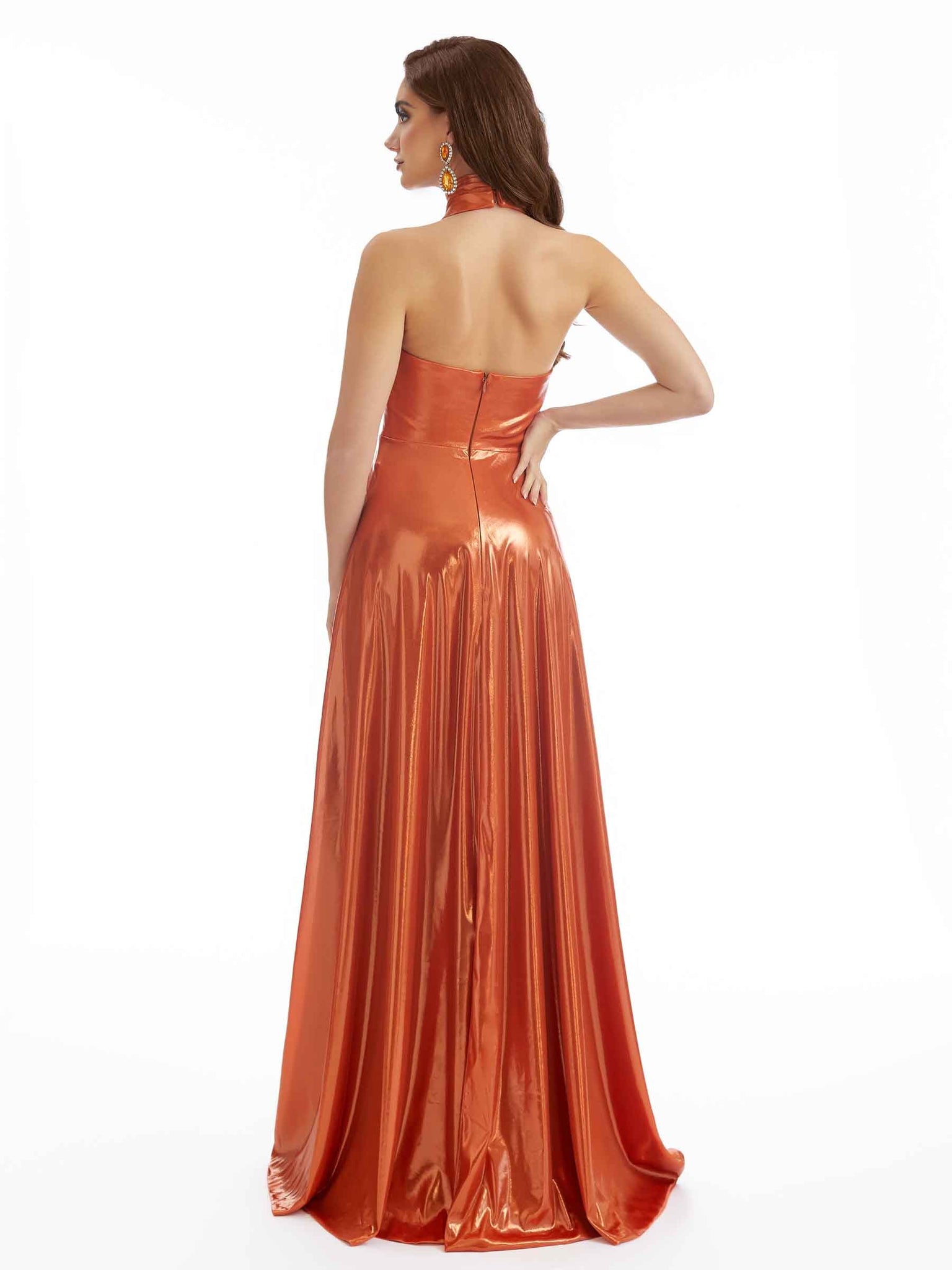 Robe longue sexy sirène à col licou stretch métallique brillant pour femmes