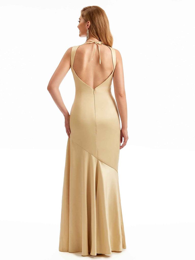 Robe de demoiselle d'honneur sexy en satin extensible à bretelles fendues longue sirène