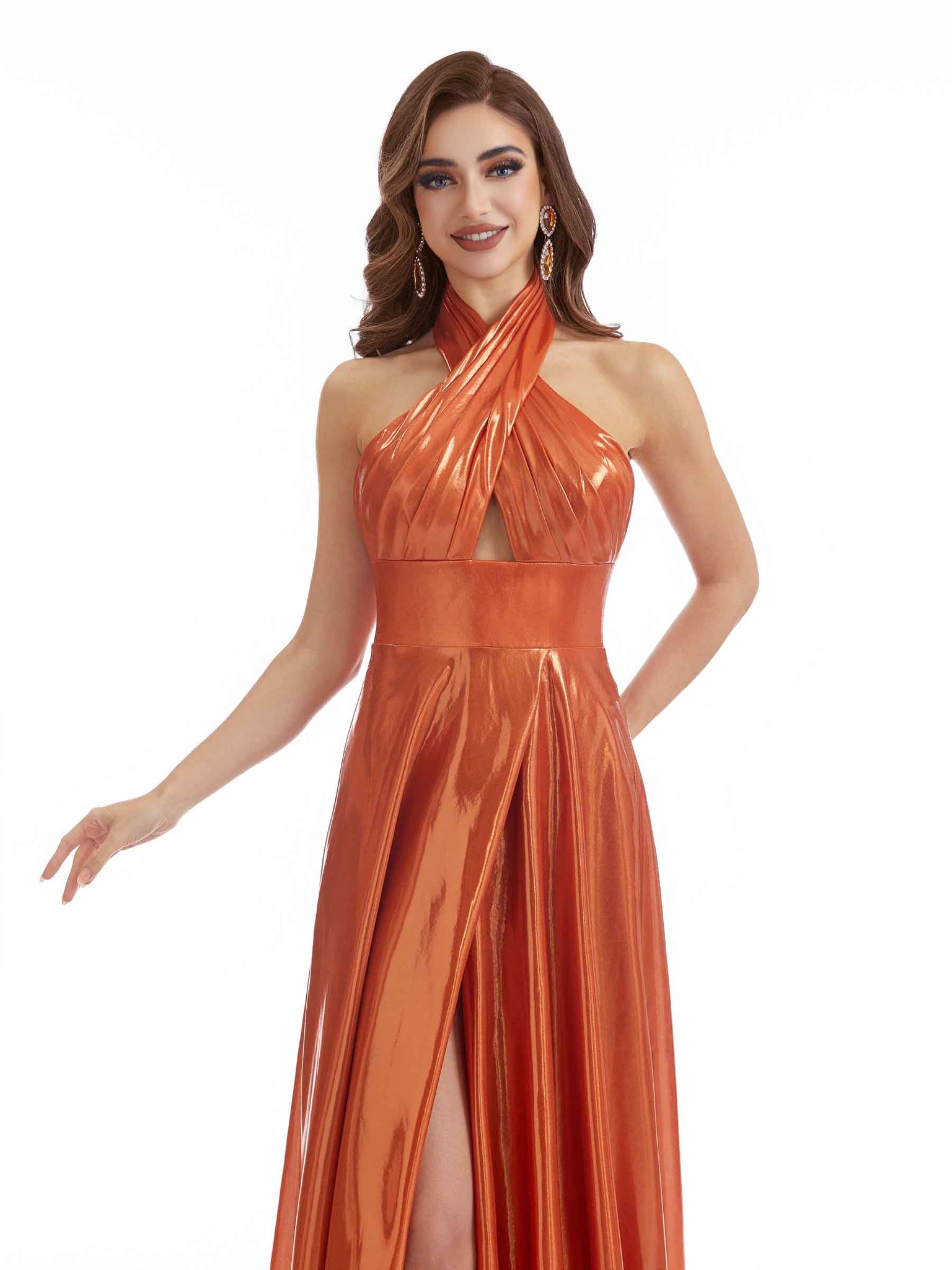 Robe longue sexy sirène à col licou stretch métallique brillant pour femmes