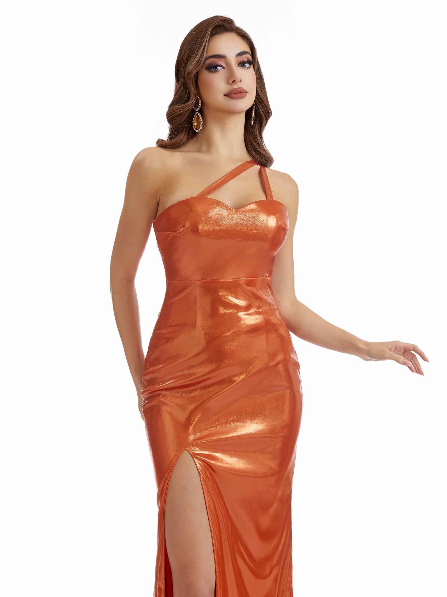 Robe longue sexy à une épaule avec fente latérale paillettes métalliques