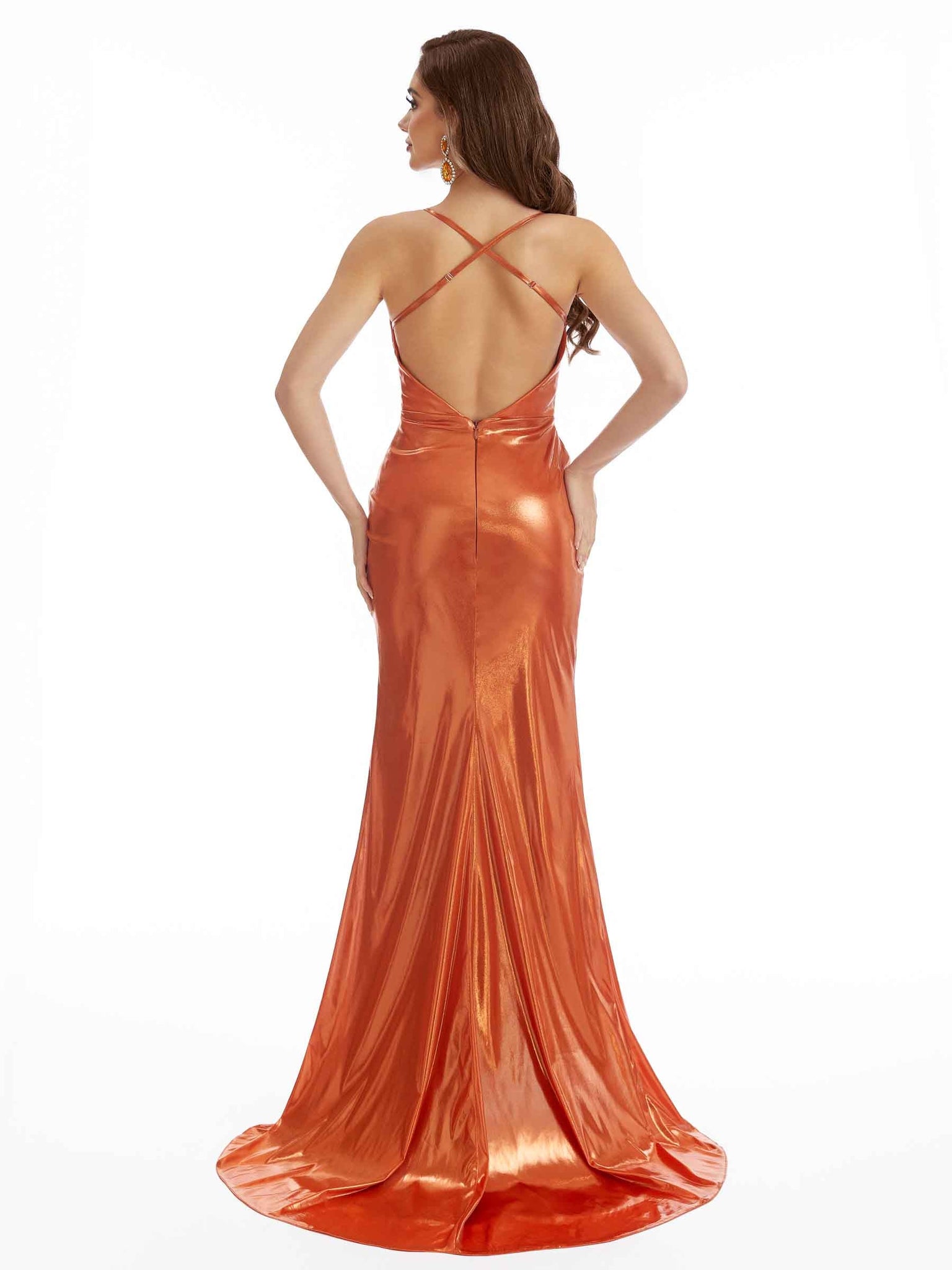 Robe longue sexy à dos croisé fente latérale style sirène froncée métallique