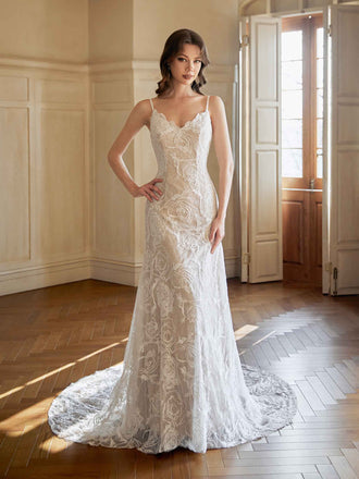 Robe de mariée sirène élégante col en V bretelles Spaghetti dos nu Maxi longue dentelle