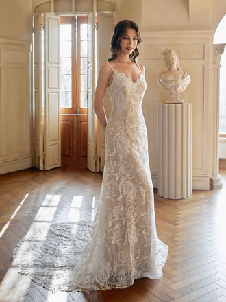 Robe de mariée sirène élégante col en V bretelles Spaghetti dos nu Maxi longue dentelle