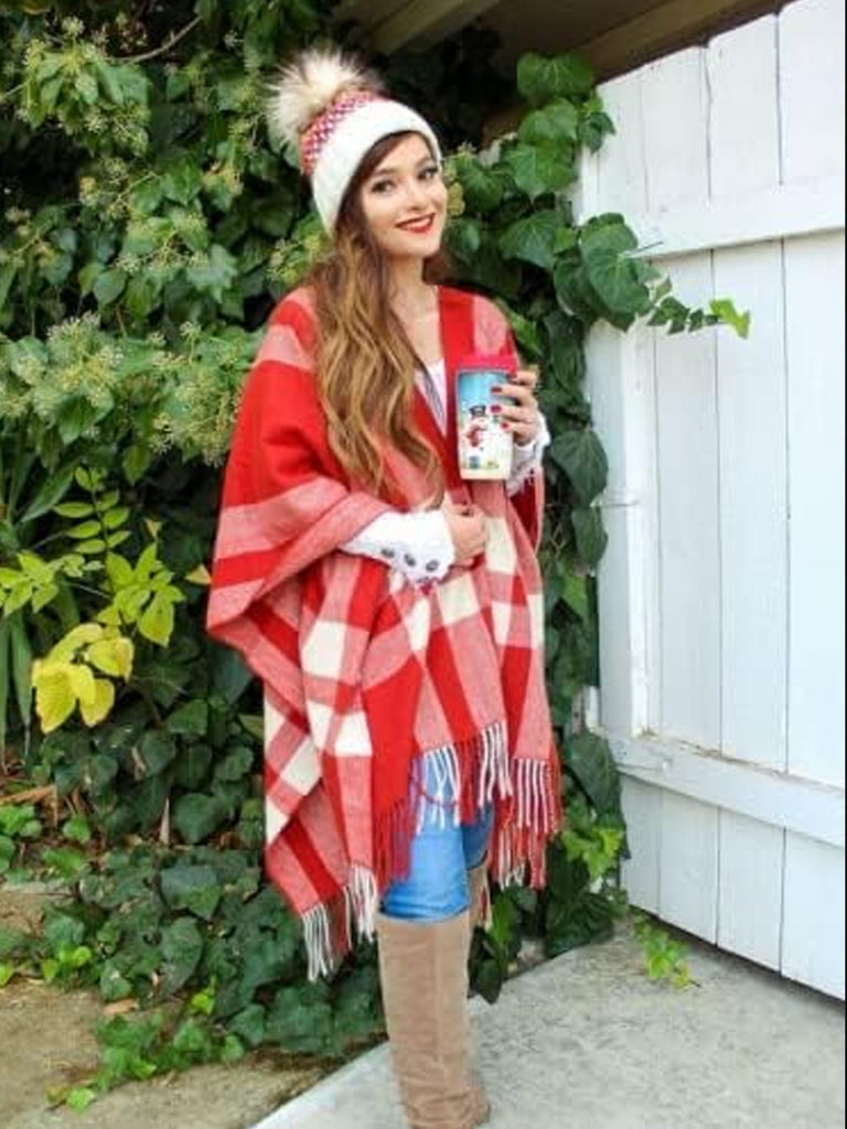 Women's Travel Plaid Shawl Wrap Open Front Poncho Cape for Fall Winter