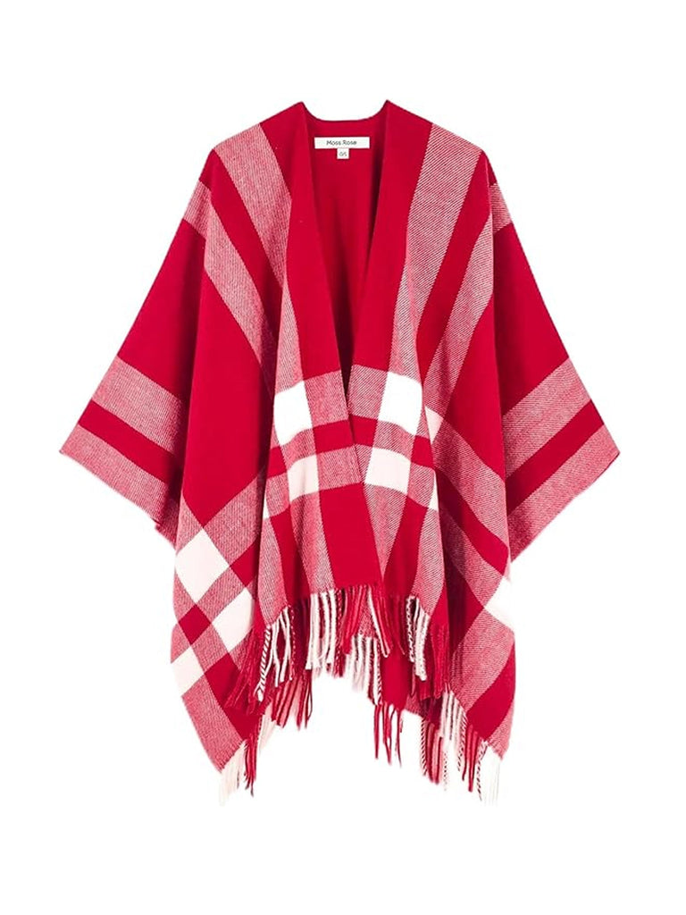 Women's Travel Plaid Shawl Wrap Open Front Poncho Cape for Fall Winter