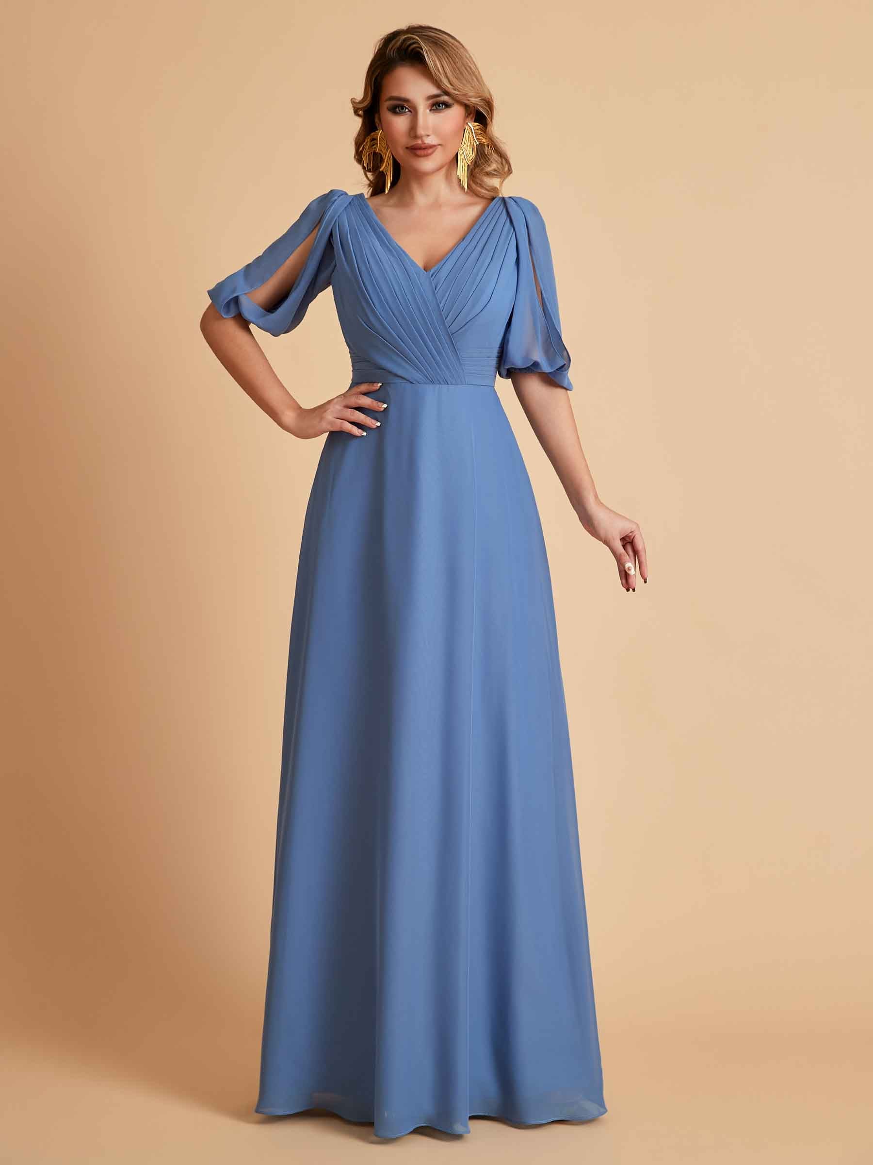 Robes de mère de la mariée élégantes en mousseline de soie manches mi-longues et col en V