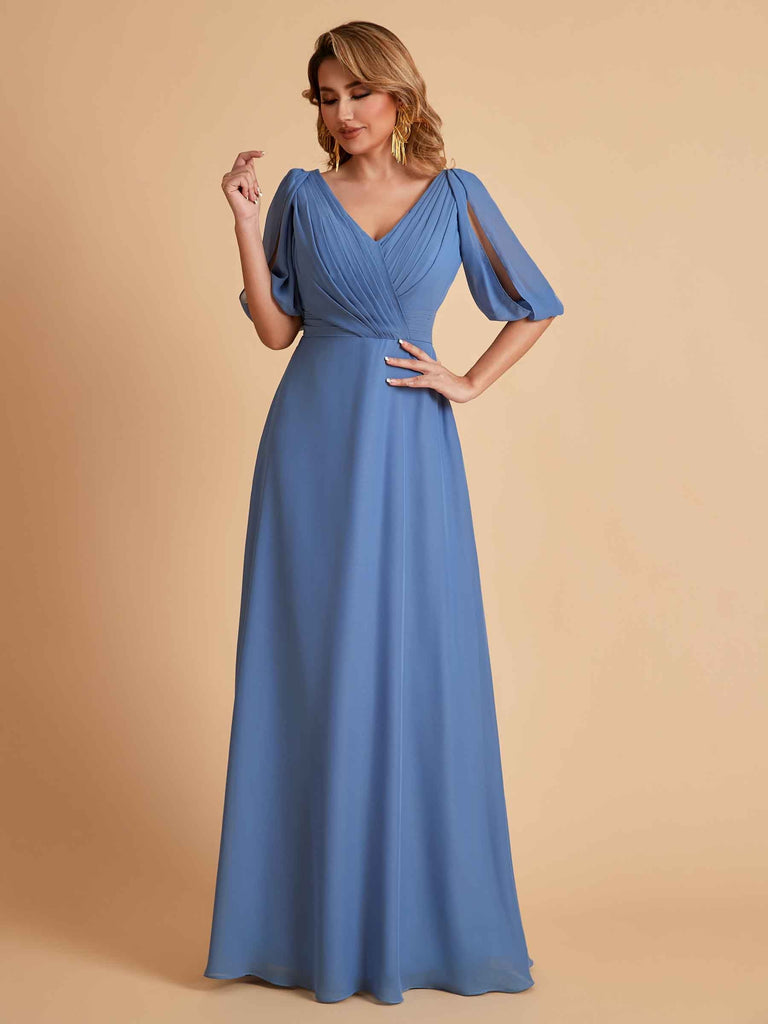 Robes de mère de la mariée élégantes en mousseline de soie manches mi-longues et col en V