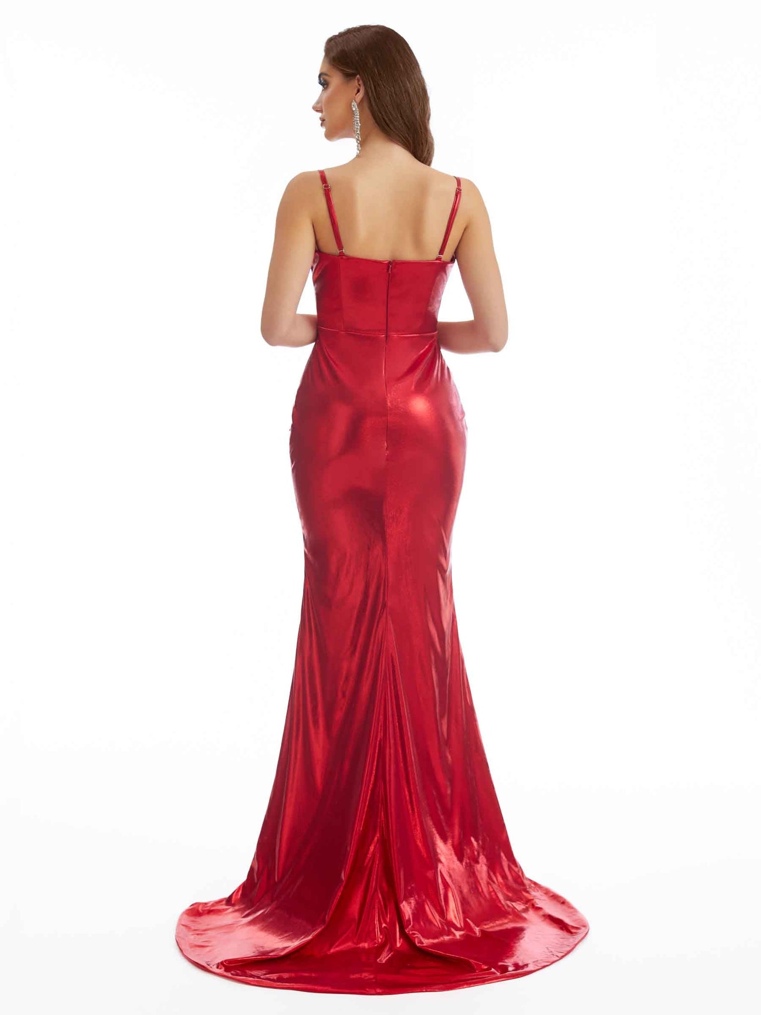 Robe longue métallique sexy à col en V bretelles spaghetti pour femme