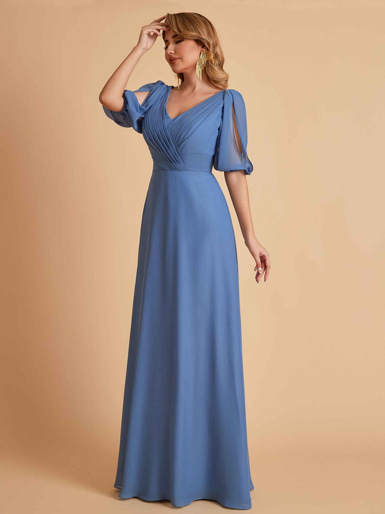 Robes de mère de la mariée élégantes en mousseline de soie manches mi-longues et col en V