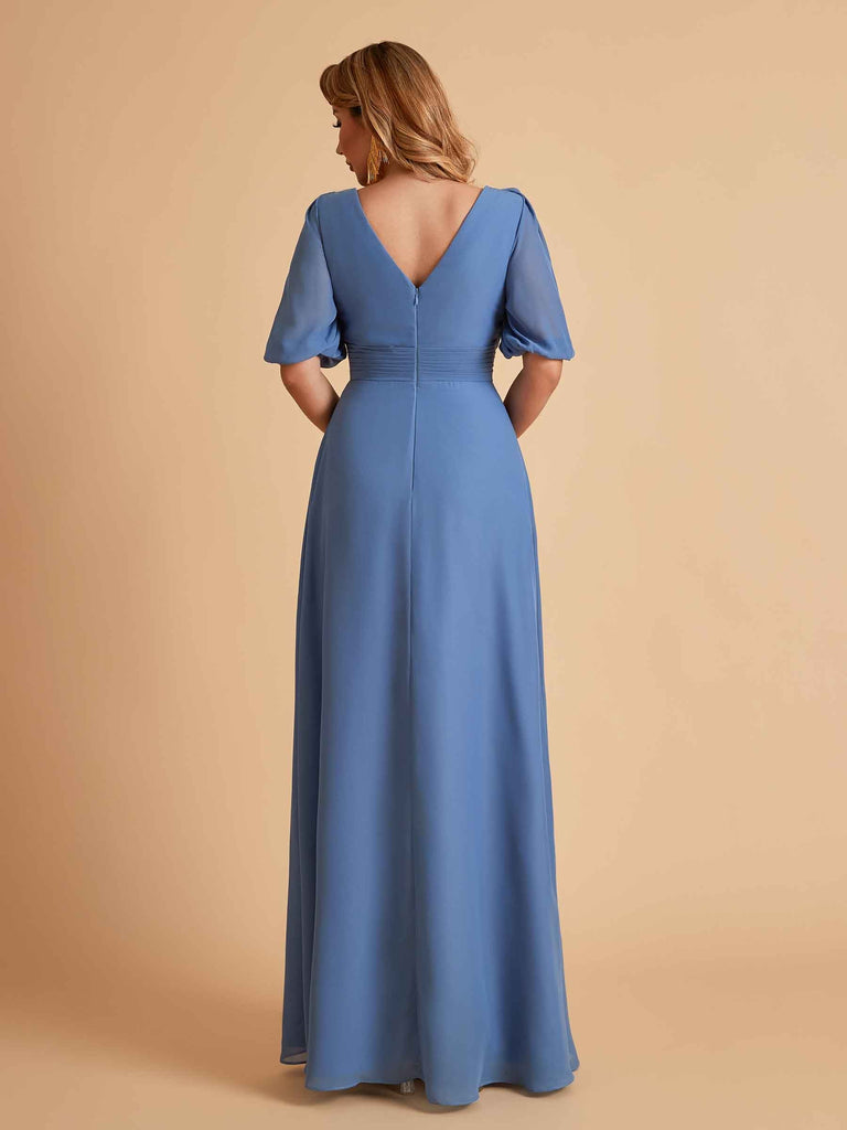 Robes de mère de la mariée élégantes en mousseline de soie manches mi-longues et col en V