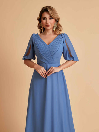 Robes de mère de la mariée élégantes en mousseline de soie manches mi-longues et col en V
