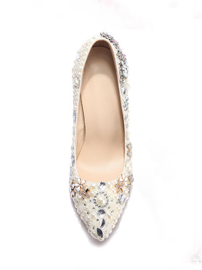 Rhinestone Pointed Toe Ivory Pearl Toe High Heel Bridal Wedding Shoes