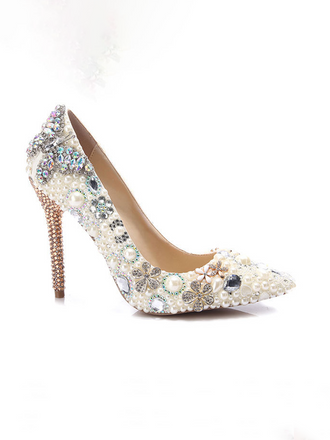 Rhinestone Pointed Toe Ivory Pearl Toe High Heel Bridal Wedding Shoes