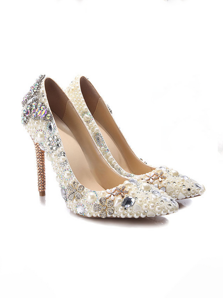 Rhinestone Pointed Toe Ivory Pearl Toe High Heel Bridal Wedding Shoes