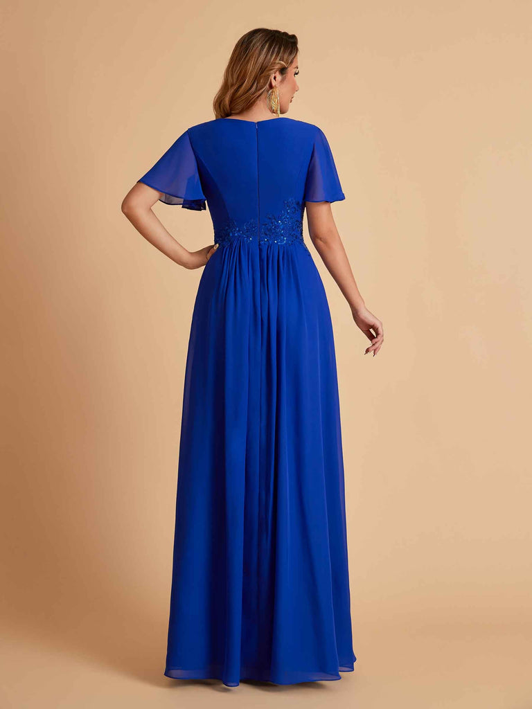 Robes de mère de la mariée élégantes coupe trapèze manches courtes et col en V