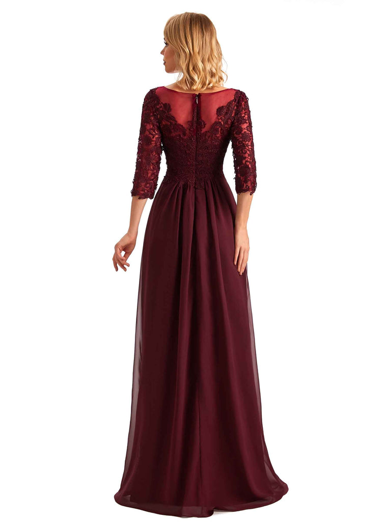 Robe Élégante Mère De La Mariée En Mousseline De Soie – Manches 3/4, Appliques Dentelle, Longueur Thé, Robe De Soirée Mariage Et Bal