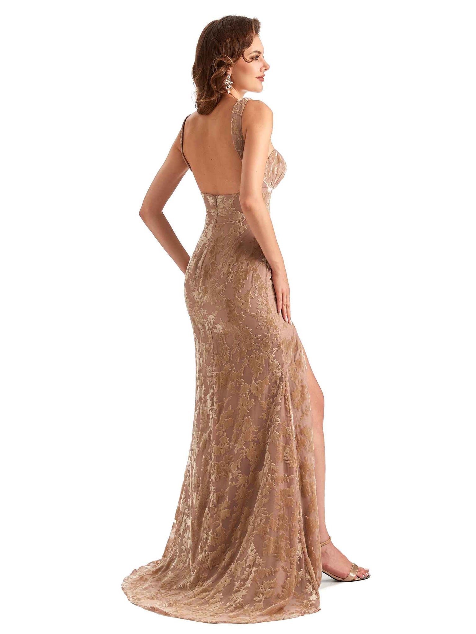 Robes de demoiselle d'honneur longues en velours floral sirène sexy fente latérale
