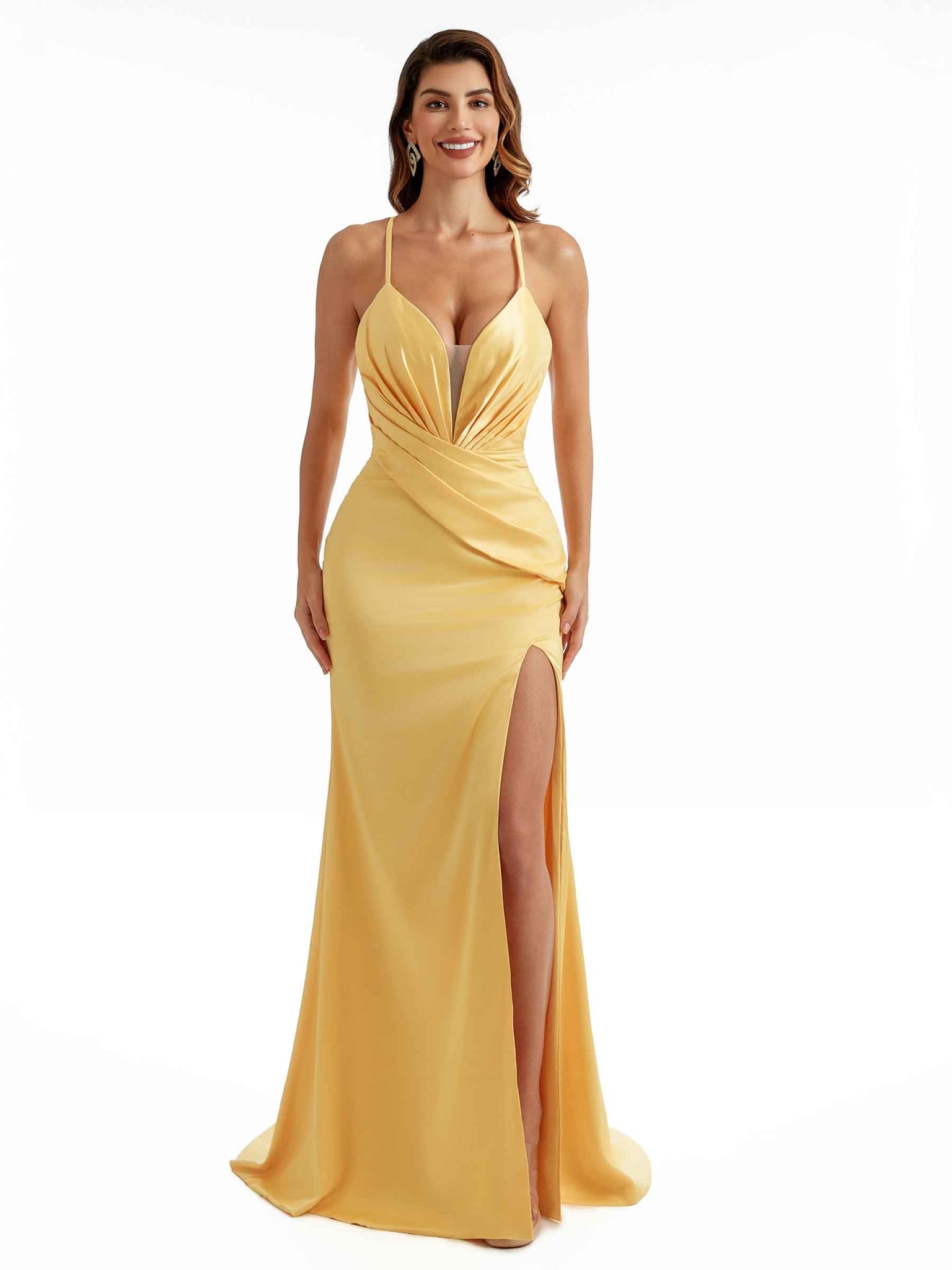 Robes de soirée de mariage satin sirène sexy bretelles spaghetti fendues dos entrecroisées