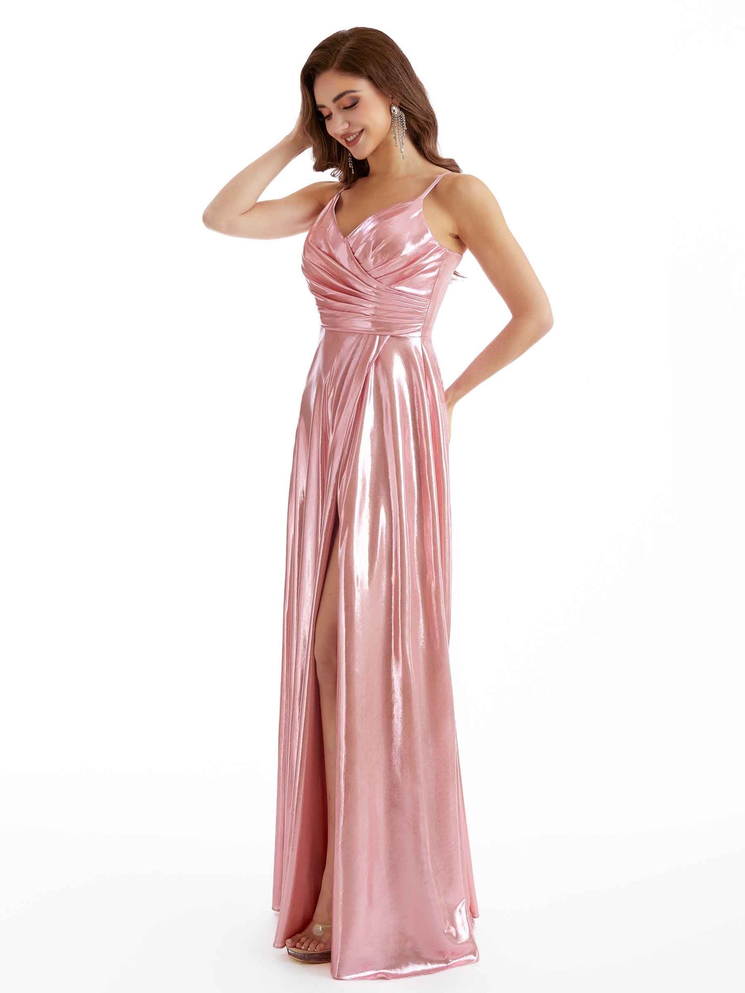 Robe sirène sexy plissée fente latérale pour femme avec métallique liquide