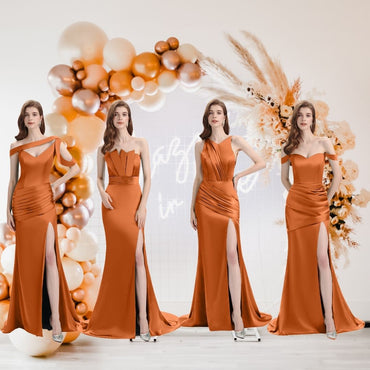 Orange brûlé Sexy Chic doux Satin sirène longues robes de demoiselle d'honneur