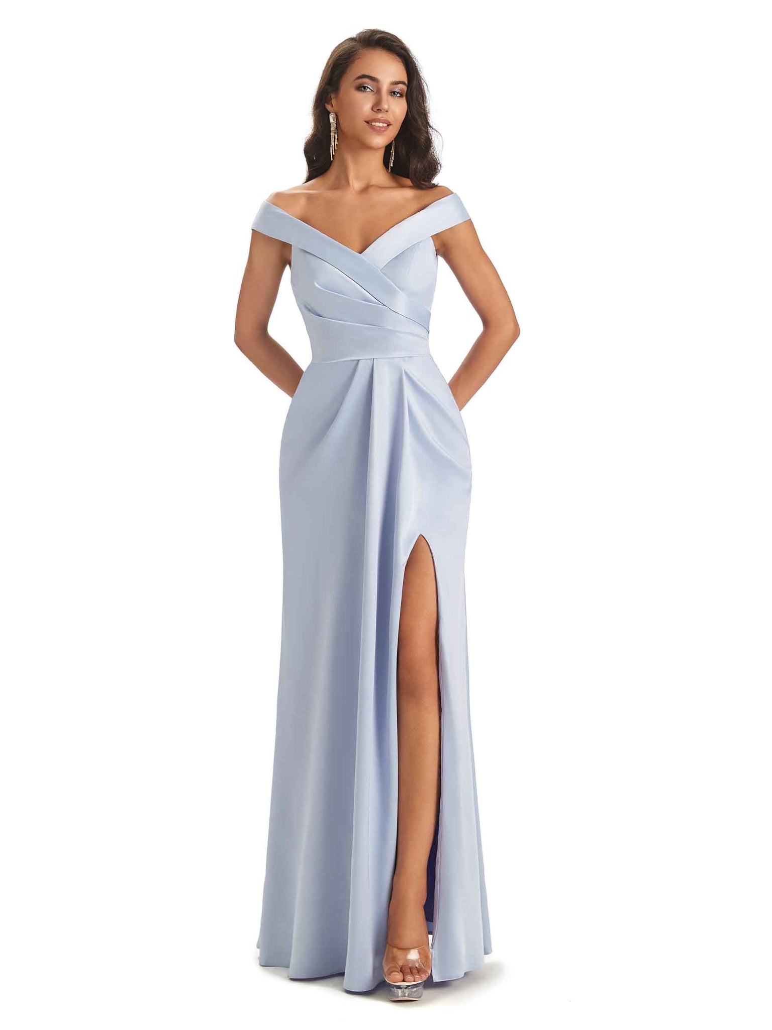 Robes invitée mariage longues sexy fente épaules dénudées col en V tenue femme mariage