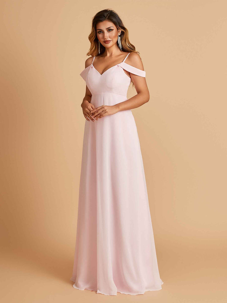 Robe longue en mousseline de soie épaules dénudées col en V