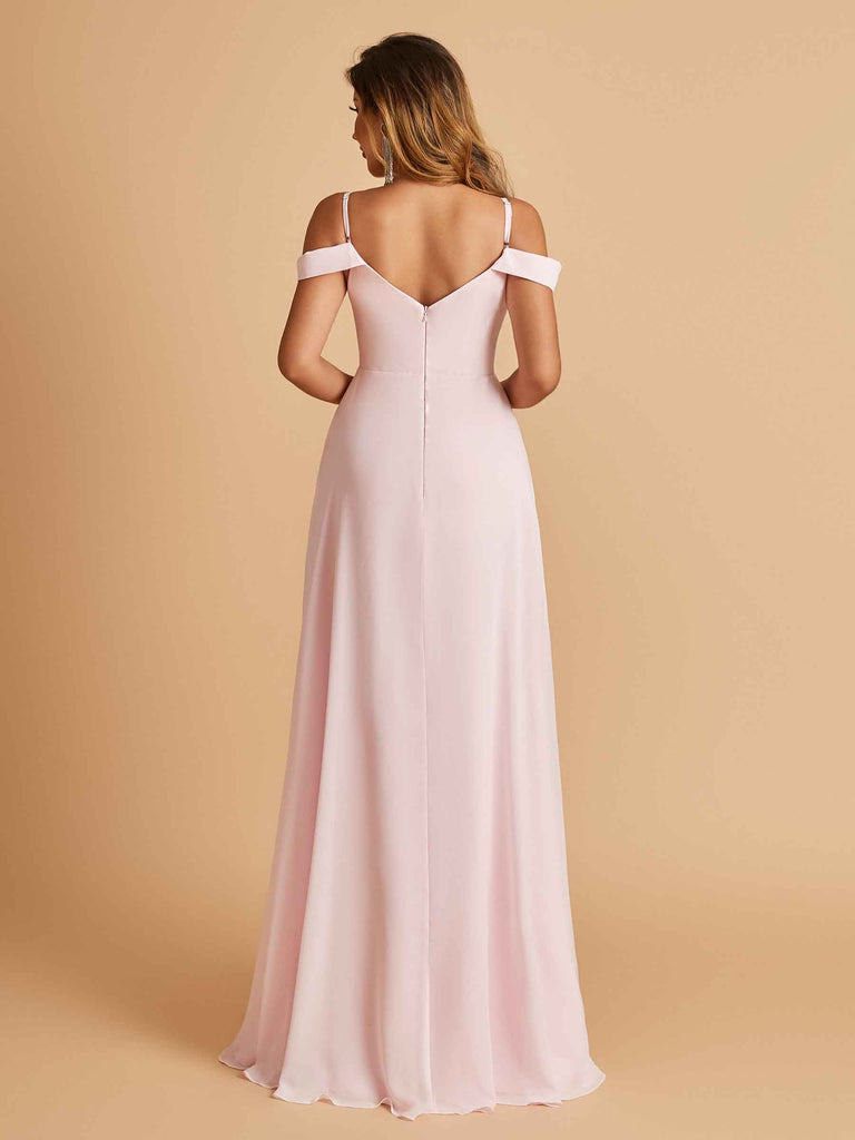 Robe longue en mousseline de soie épaules dénudées col en V