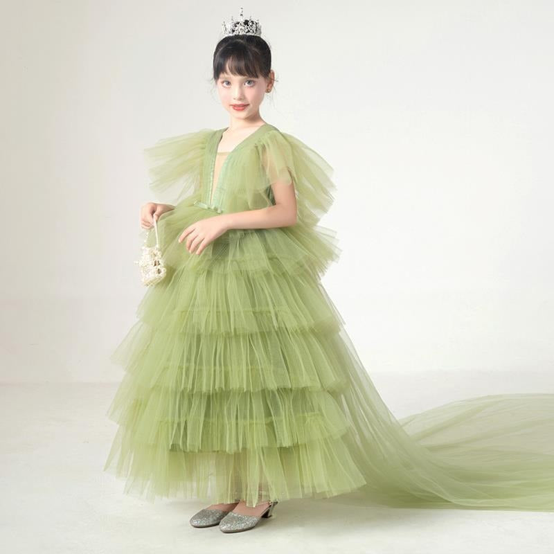 Robe de princesse élégante en tulle pour filles mariage robe d'invité pour enfants avec traîne
