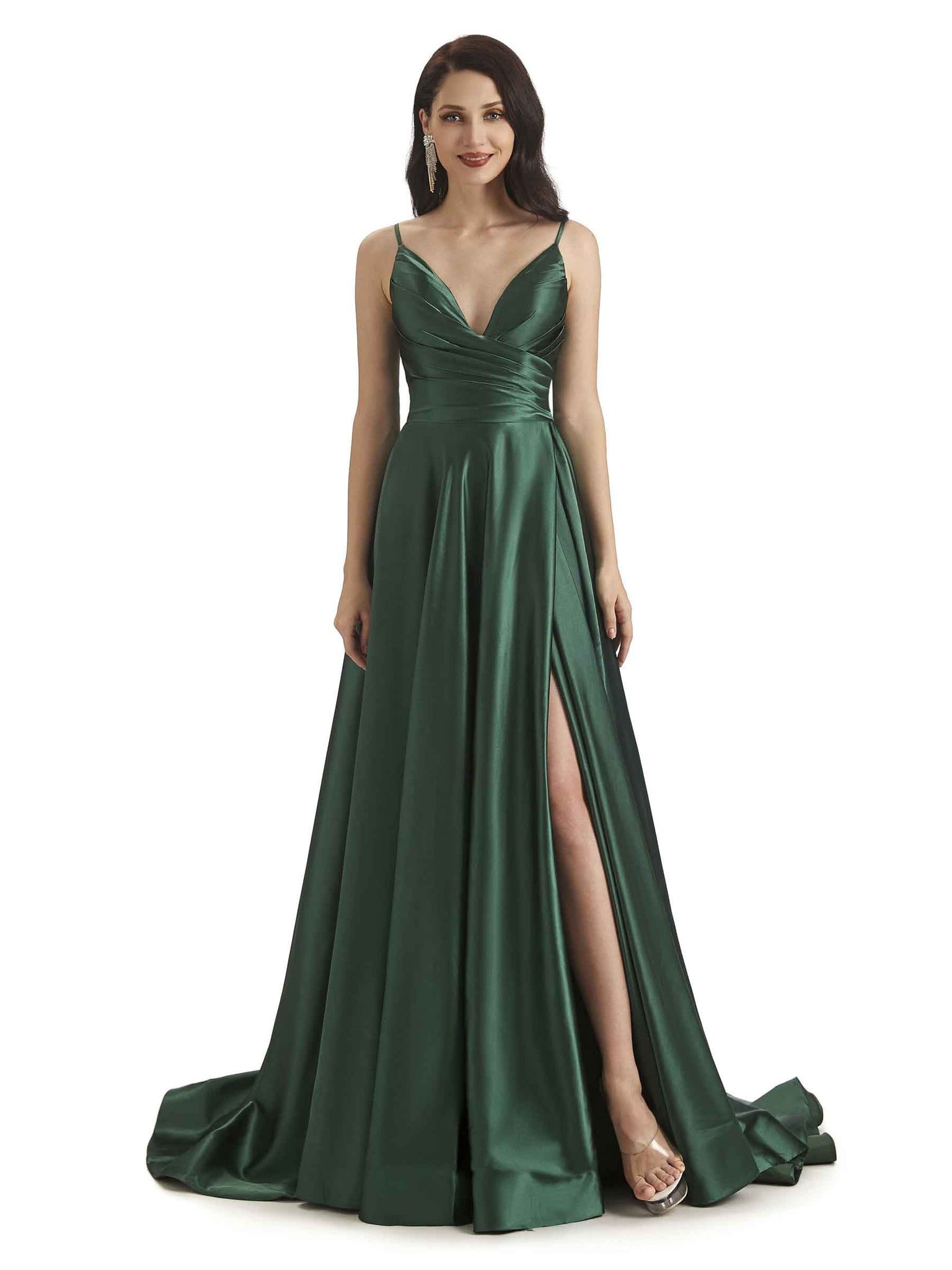 A-ligne Robes invitée mariage longues sexy satin doux fente bretelles spaghetti