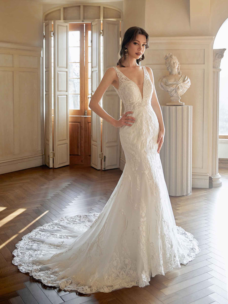 Robes de mariée sexy sirène dos nu col en V maxi longues dentelle