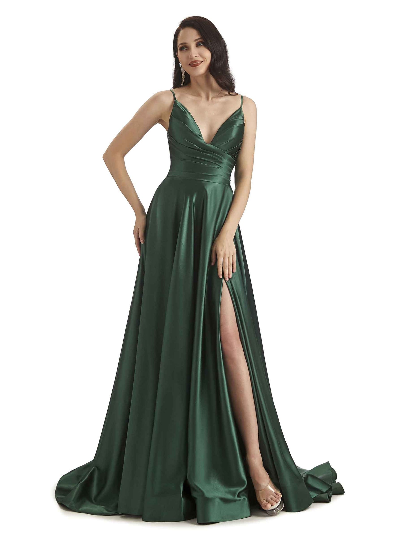 A-ligne Robes invitée mariage longues sexy satin doux fente bretelles spaghetti