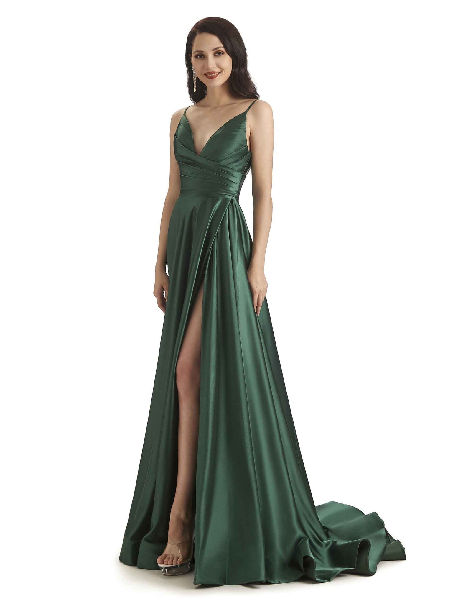 A-ligne Robes invitée mariage longues sexy satin doux fente bretelles spaghetti