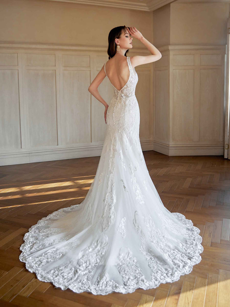 Robes de mariée sexy sirène dos nu col en V maxi longues dentelle