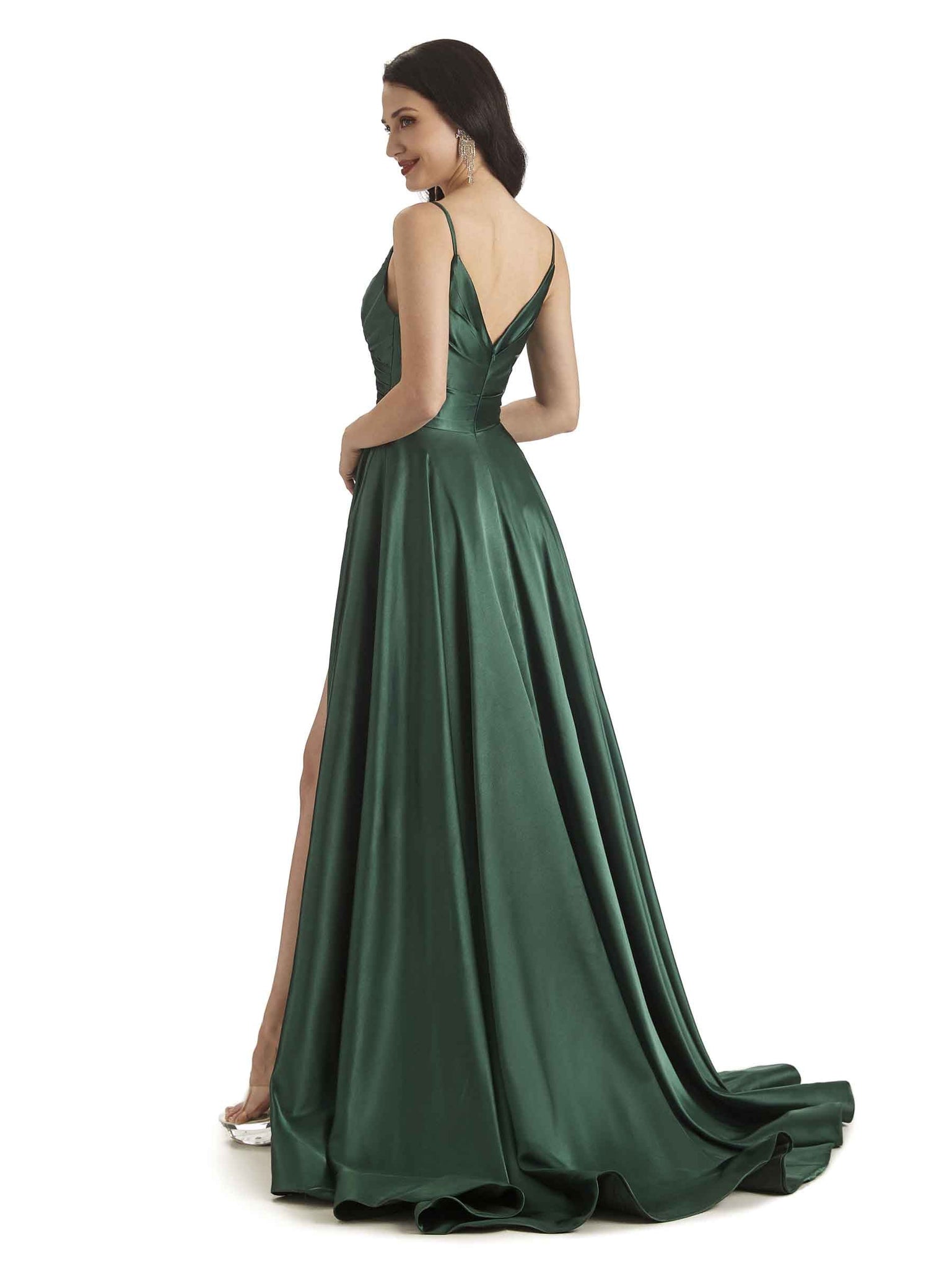 A-ligne Robes invitée mariage longues sexy satin doux fente bretelles spaghetti