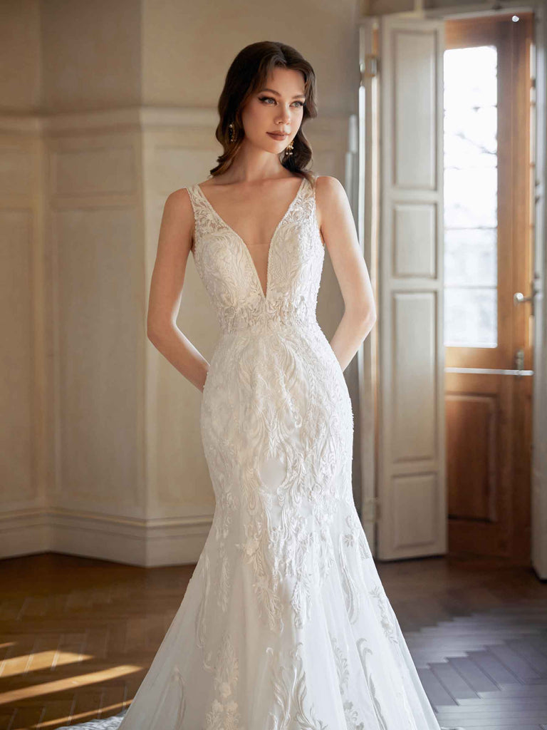 Robes de mariée sexy sirène dos nu col en V maxi longues dentelle