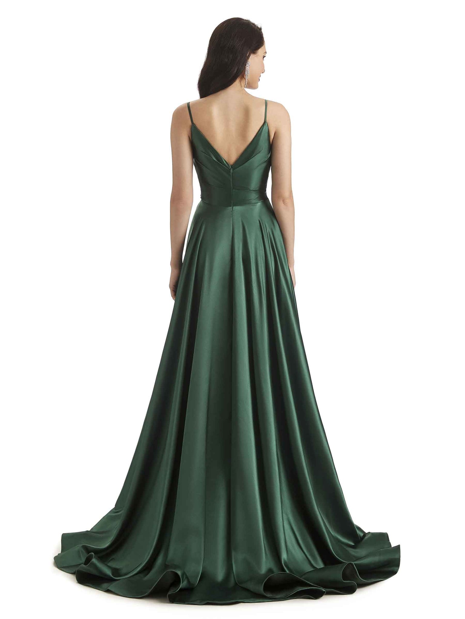 A-ligne Robes invitée mariage longues sexy satin doux fente bretelles spaghetti
